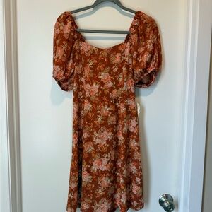 Altar'd State Rust Floral Puff-Sleeve Midi Dress